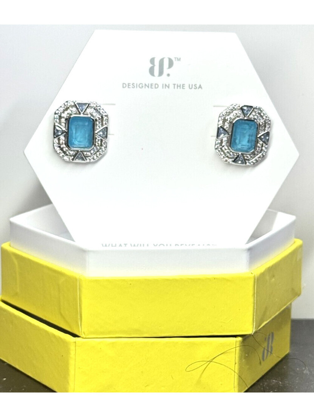 Bomb Party Earrings Studs "Lanterns In Voices" LC Light Blue Quartz on Rhodium